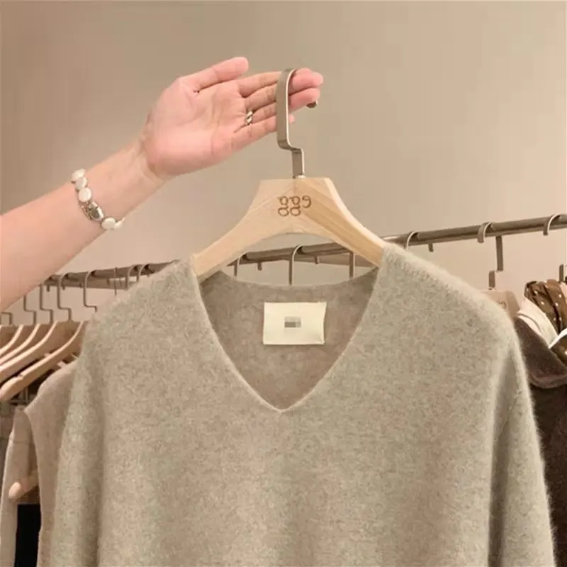 

Women's Wool Sweater Spring Autumn V-neck Long Sleeve Pullover High Quality 100% Merino Wool Knitwear Cashmere Top