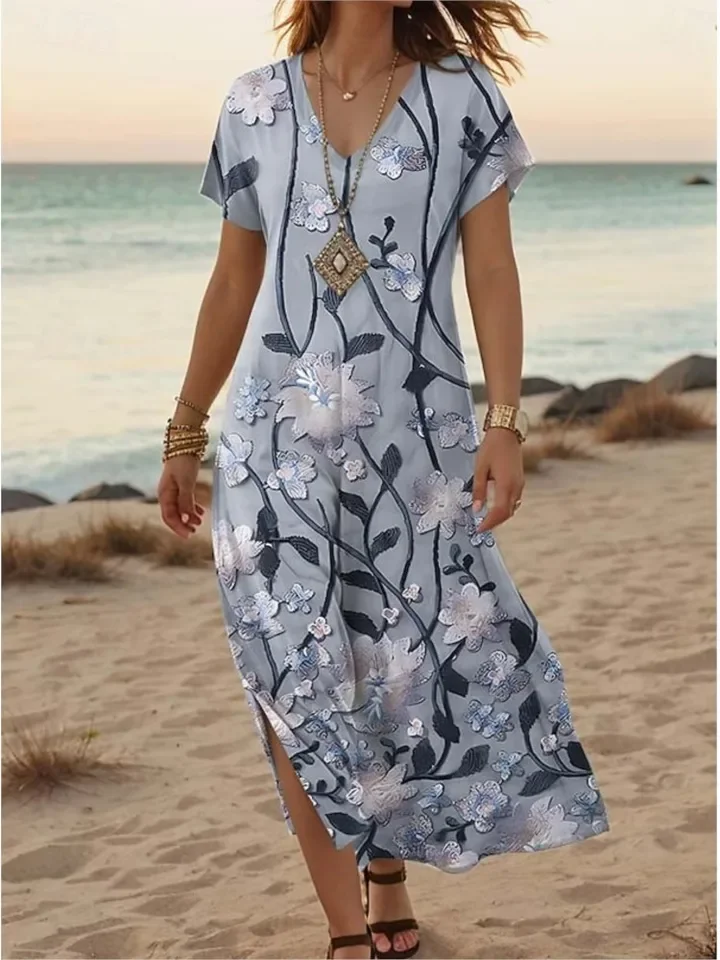 Mode Druck Kleid Dame Casual V-ausschnitt Kurzarm Lose Kleider Für Frauen Boho Urlaub Strand Rock Robe Femme Sommer Kleidung