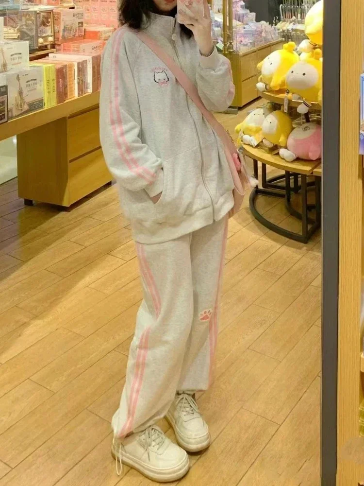 HOUZHOU Harajuku Kawaii Pink Stripes Sweatpants Women Japanese Style Sweet Cute Cat Embroidery Trousers Soft Gril Y2k 2023 Chic