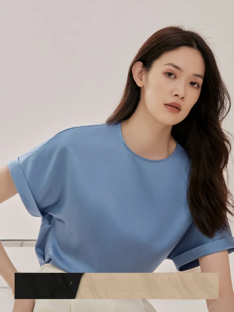 

Шелковая футболка CVANEA с круглым вырезом и коротким рукавом, однотонная, для повседневной носки, стандартный крой, летняя