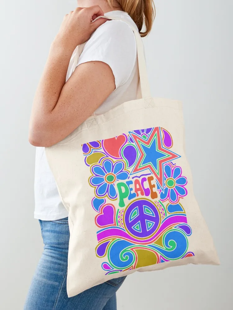 

Peace and Love Flowers and Stars Hippie Design Tote Bag sacs de shopping foldable reusable bag Women's handbag Lady bags