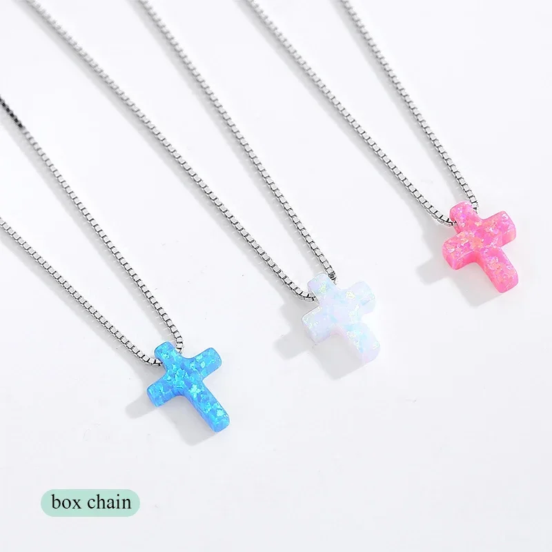 KALETINE Women Cross Opal Necklace Genuine 925 Sterling Silver Lab Opal Blue Cross Charm Opal Necklace KLTN019