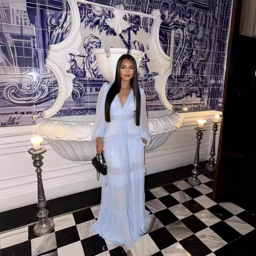 Moda elegância feminina longo maxi vestido de renda profundo decote em v manga cheia em camadas babados bordas vestidos de festa rua 6 vendido