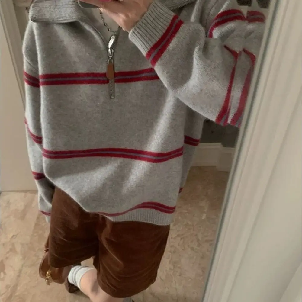 

Вязаная толстовка в полоску с длинными рукавами для отдыха, осенний свободный вязаный крючком трикотаж, женский топ, свитер, милый пуловер для девочек, весна/зима