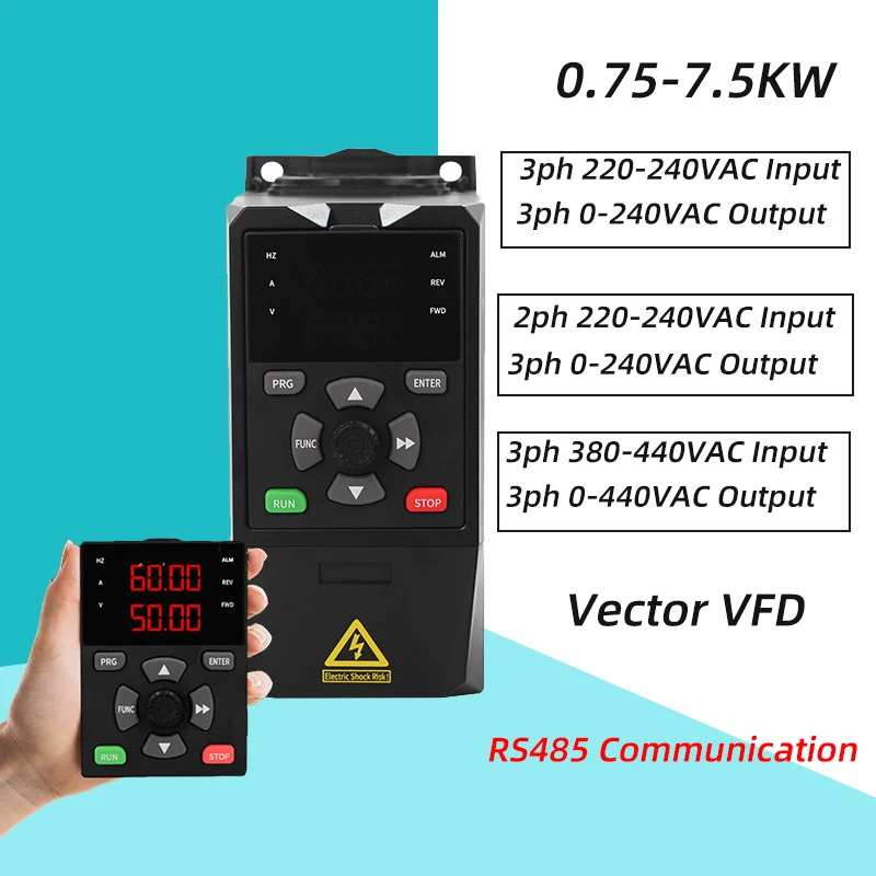 

RS485 VFD 3 Phase 220VAC 380VAC Variable Frequency Inverter 0.75/1.5/2.2/3/4/5.5/7.5KW Frequency Drive for Motor Speed Control