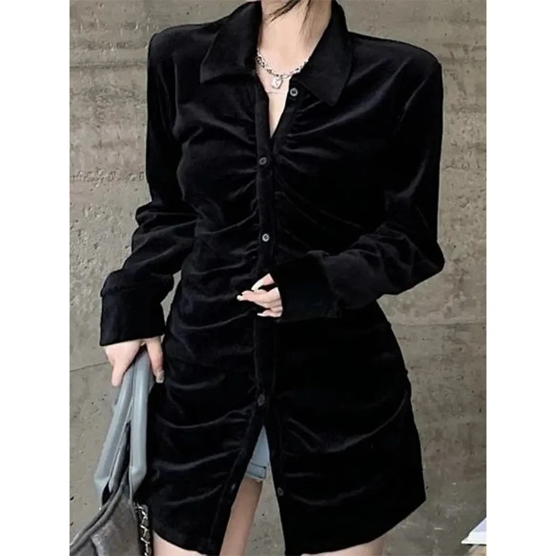 Vintage Black Velvet Shirts Women Elegant Pleated Blouses Korean Folds Turn Down Collar Long Sleeve Slim Chic Casual Tops New