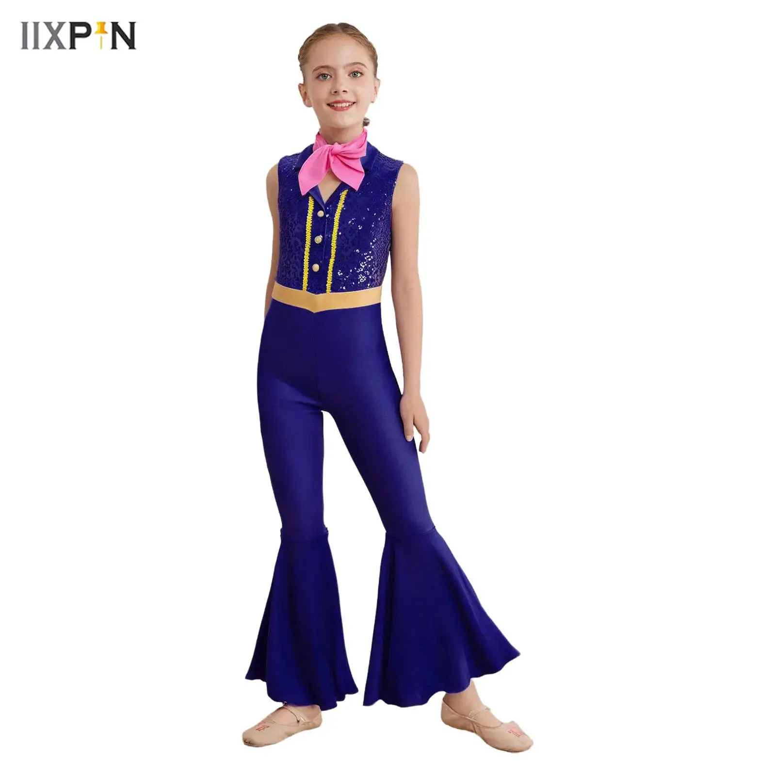 

Kids Girls Shiny Sequins Jumpsuit 70s 80s Jazz Disco Dancewear Lapel Collar Sleeveless Bell-Bottom Full Body Leotard with Scarf