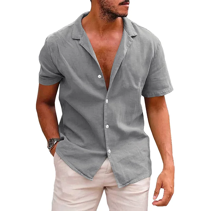 new Cotton Linen Blouse Summer Men Turn Down Collar Short Sleeve Button Loose Blouse Tops Oversized S-3XL