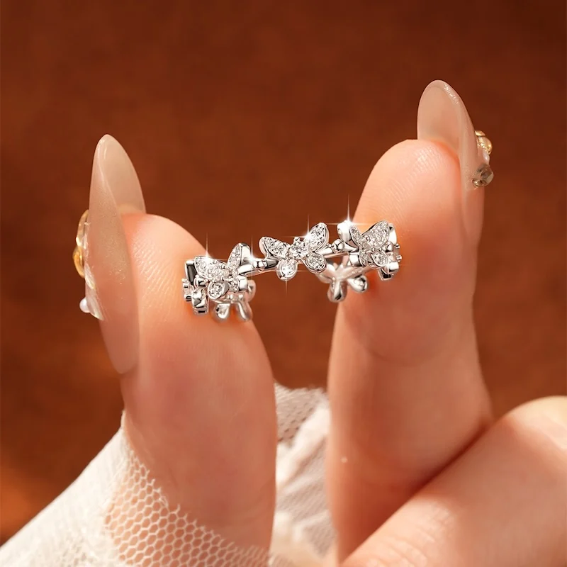 Rrjzz Butterfly Shaped D-Color Moissanite Luxury Ring for Women Adjustable US5~9 Lab-Created Diamond GRA Open Ring Jewelry Gifts - view 6