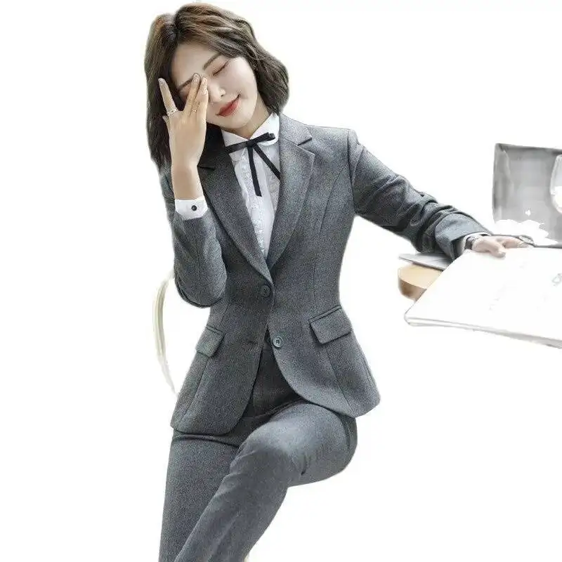 

Novelty Grey Formal Uniform Designs Women Business Suits With Pants and Jackets Coat Ladies Office Work Wear Pantsuits Blazers