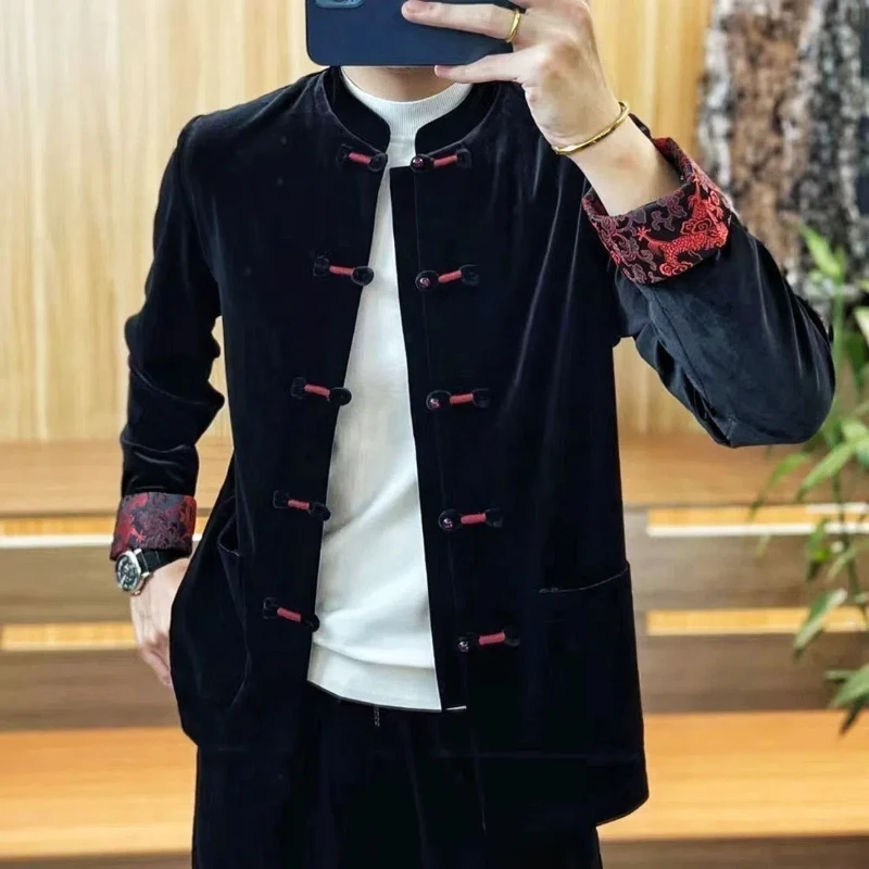Spring and Autumn New Jackets Men\'s Stand Up Collar 2024 Fashion Chinese Style Tang Costume Buckle Gold Velvet All-match Coats