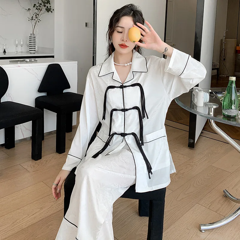 

White Sleepwear With Vintage Buttons Women Pajamas Suit 2PCS PJS Set Shirt&Pants Patchwork Home Clothes Sexy Rayon Lingerie