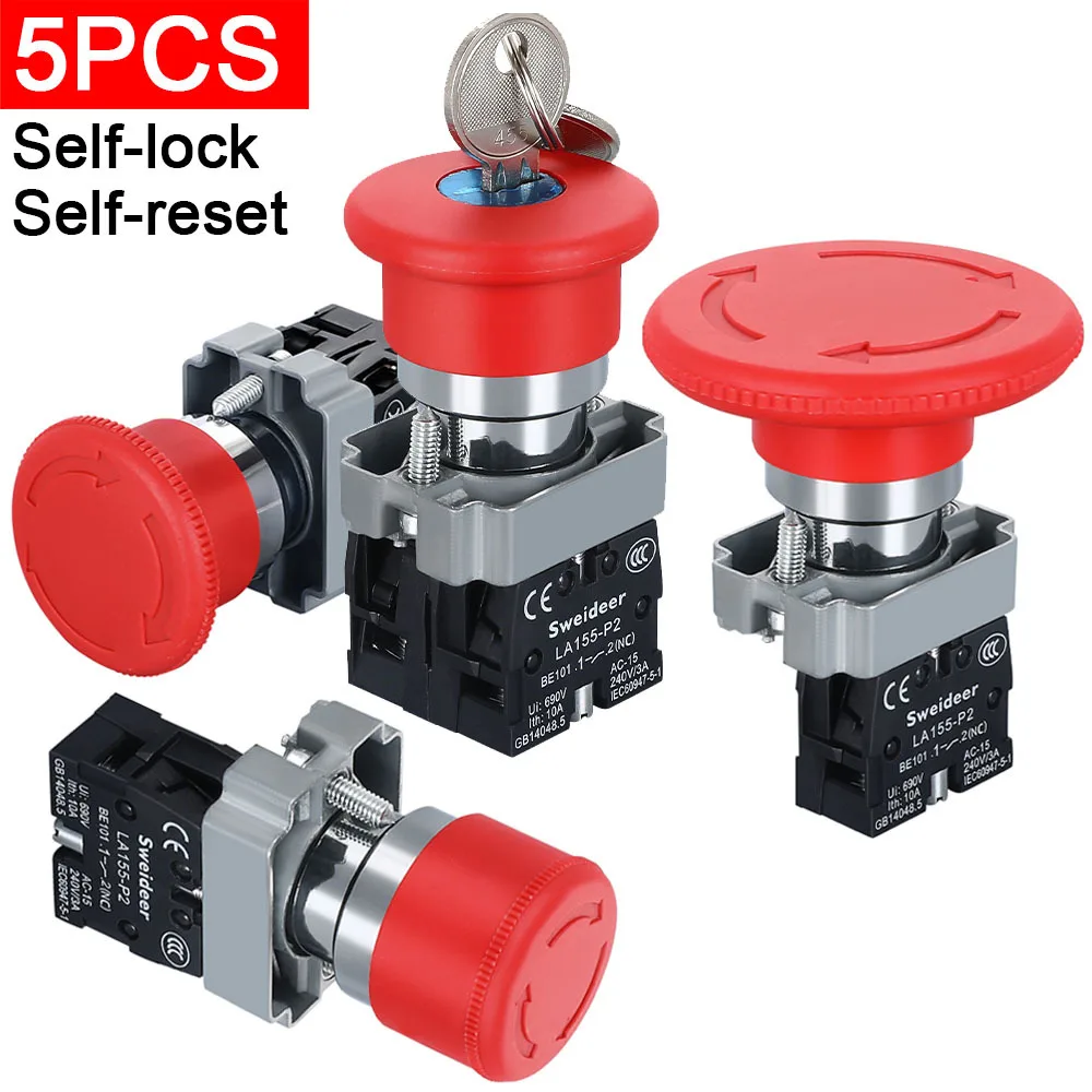 

5 шт., кнопка аварийной остановки, 22 мм, XB2-542, 10 А, 415 В, грибовидная головка, кнопка аварийной остановки