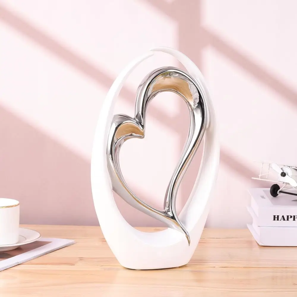 White Heart Scuture - Double Heart Couple Room Decor Art Heart Statue or Wedding, Valentine Decor, Living Room Coffee Table Cent