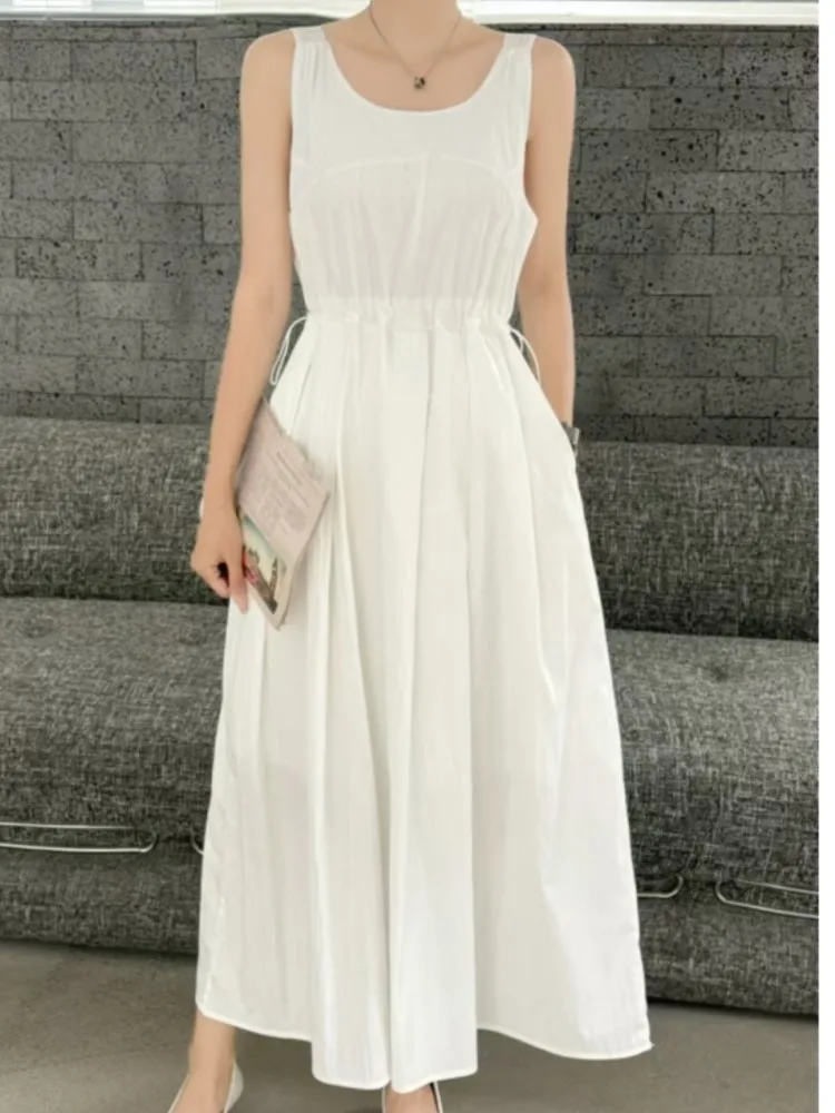 여름 솔리드 O넥 플리츠 여성 탱크 드레스 신상 한국 슬리브리스 캐주얼 루즈핏 A라인 드레스 포켓 여성용