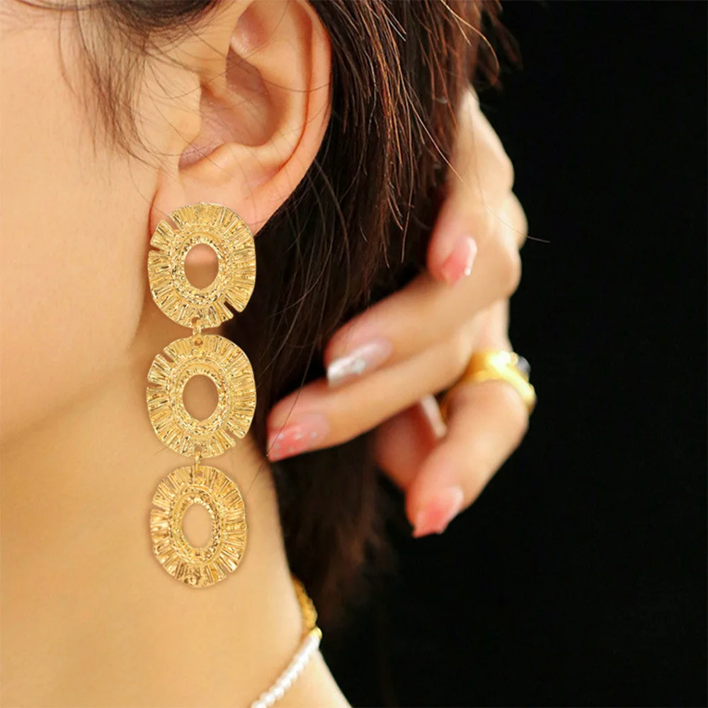 Vedawas Golden Exaggerated Irregular Geometric Flower Alloy Earrings,Elegant Wedding Banquet Women Accessories
