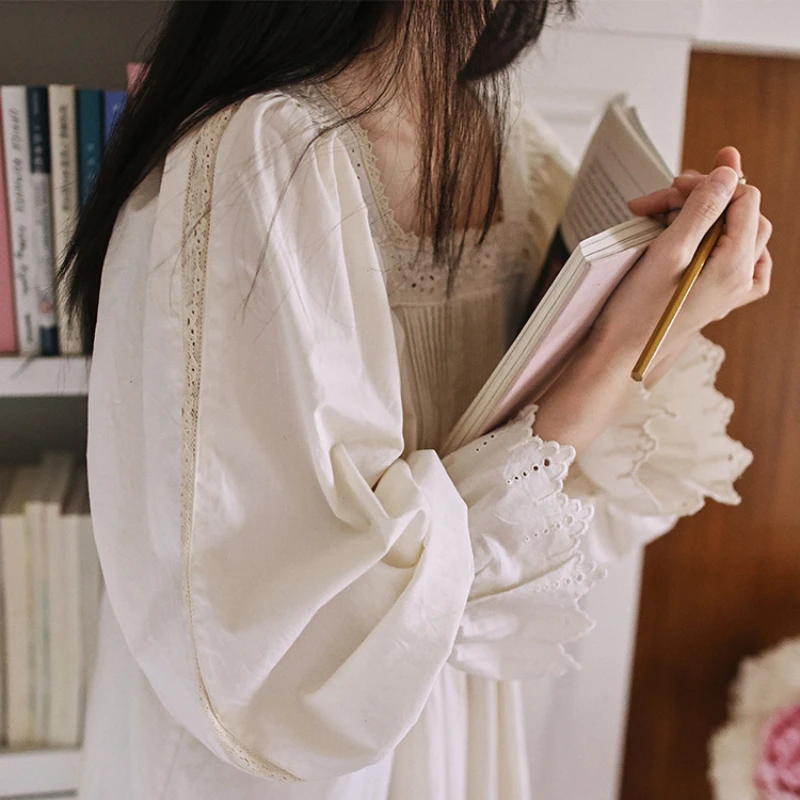 Spring Summer Vintage Pure Cotton Long Night Dress Women Princess Sleepwear Nightwear Fairy Sweet Loose Square Collar Nightdress