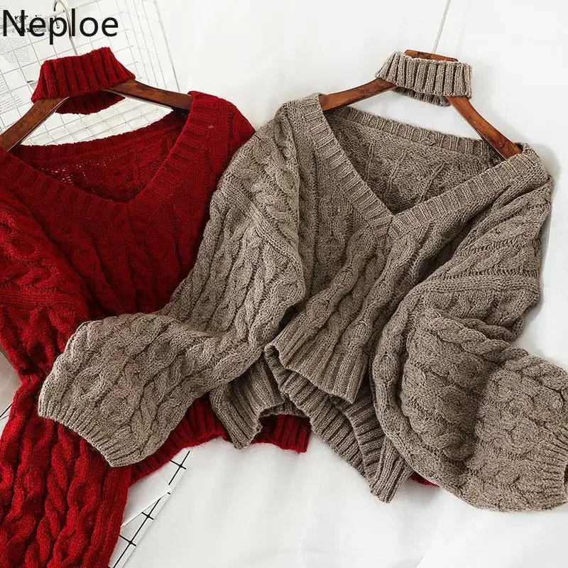 Neploe Winter Twisted Pullover Sweaters Female Knit Long Sleeve V Neck Crop Sweater Tops Korean Y2K Halter Jumper Pull Femme