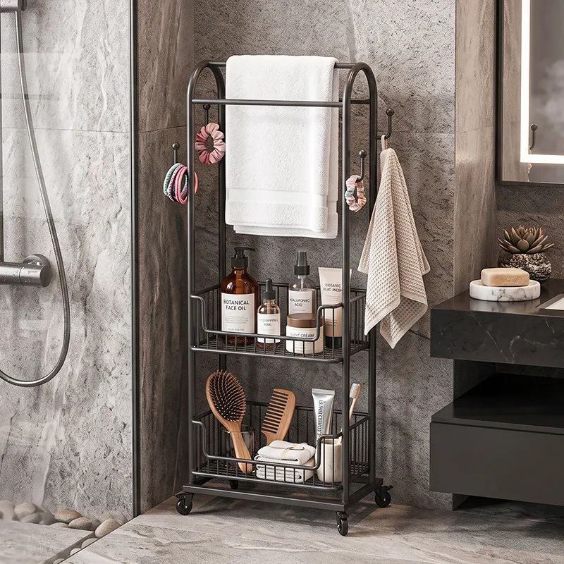 Multi‑Tier Bathroom Rolling Storage Cart With Wheels Floor Towel Rack Toilet Bathtub Bath Towel Organizer