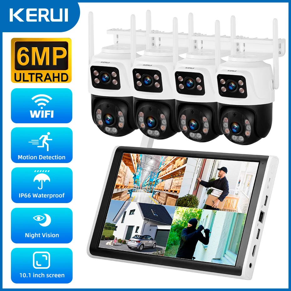 KERUI Wireless 10,1 zoll LCD Monitor 8CH NVR 6MP WIFI IP Dual Objektiv Home Security Outdoor Kamera System Überwachung CCTV