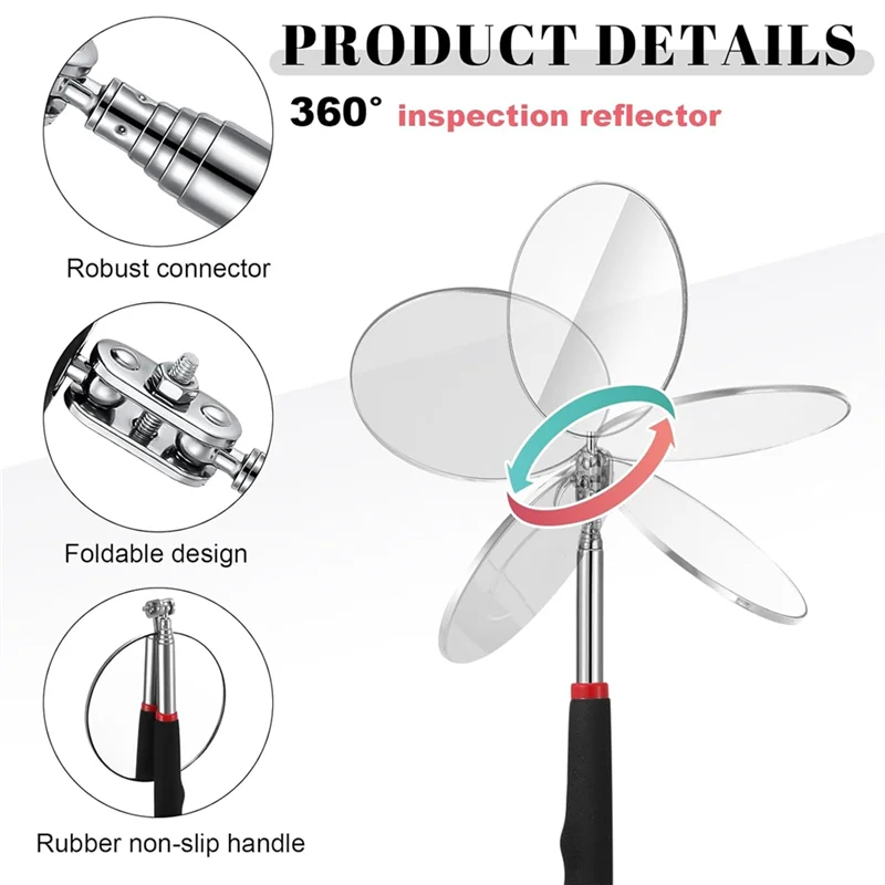 

B50C 6Pcs LED Telescoping Inspection Mirror,Retractable LED Mechanical Mirror Tool,Retractable Under Vehicle Detection Mirror
