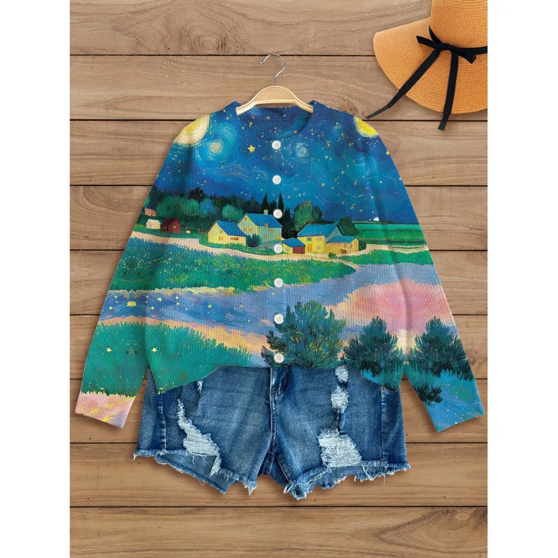 

Oil Painting Night Scene Digital Print Women's Knit Cardigan Thick & Loose-Fitting Crew Neck Long Sleeve Autumn/Winter Casual St