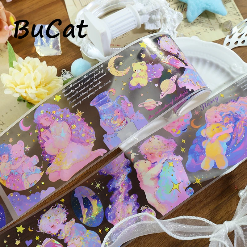 2m Iridescent Golden Colorful Starry PET Tape Star Moon Girl Transparent Roll Stickers Decorative Tape For Scrapbooking Journal