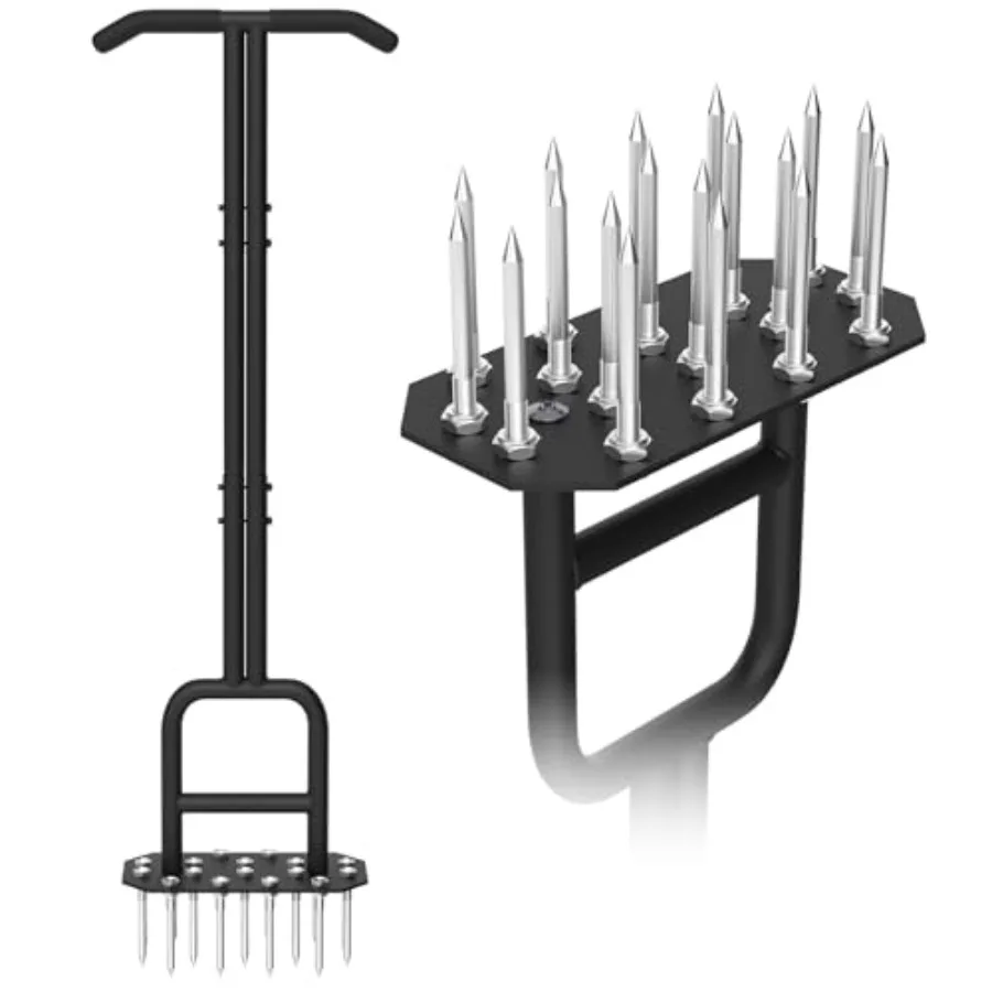 Manual Lawn Aeration Tool with 18 Iron Spikes for Grass and Yard Maintenance 38.8 Inch Heavy Duty Hand Aerator Featuring Double