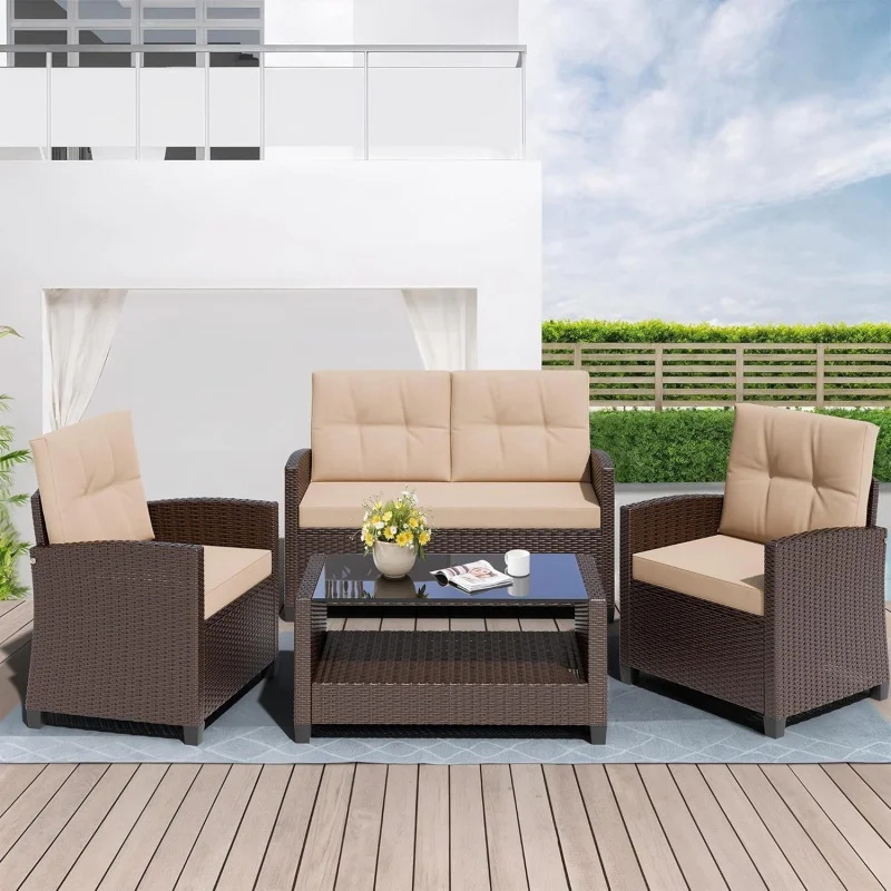 

2026：4 Piece Patio Furniture , Outdoor Rattan Conversation Set with Coffee Table, Outside Wicker Sectional Sofa Cou