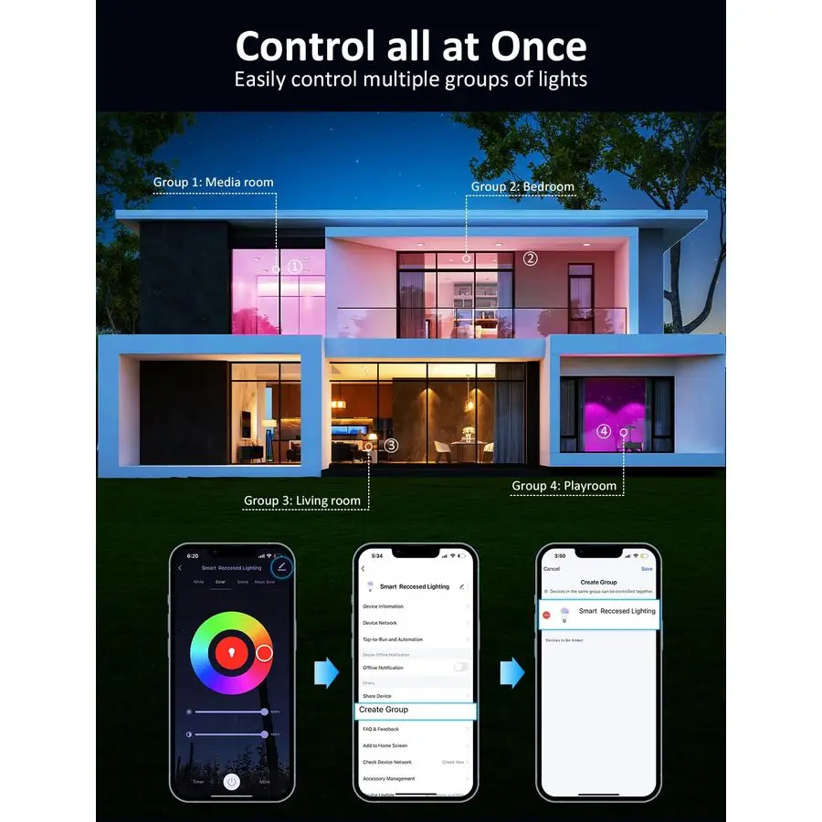 Éclairage encastré intelligent 6 pouces RGB Downlight peut allumer 13W 1100LM 93CRI, WiFi amp Bluetooth plafonnier avec SignalBoosting M