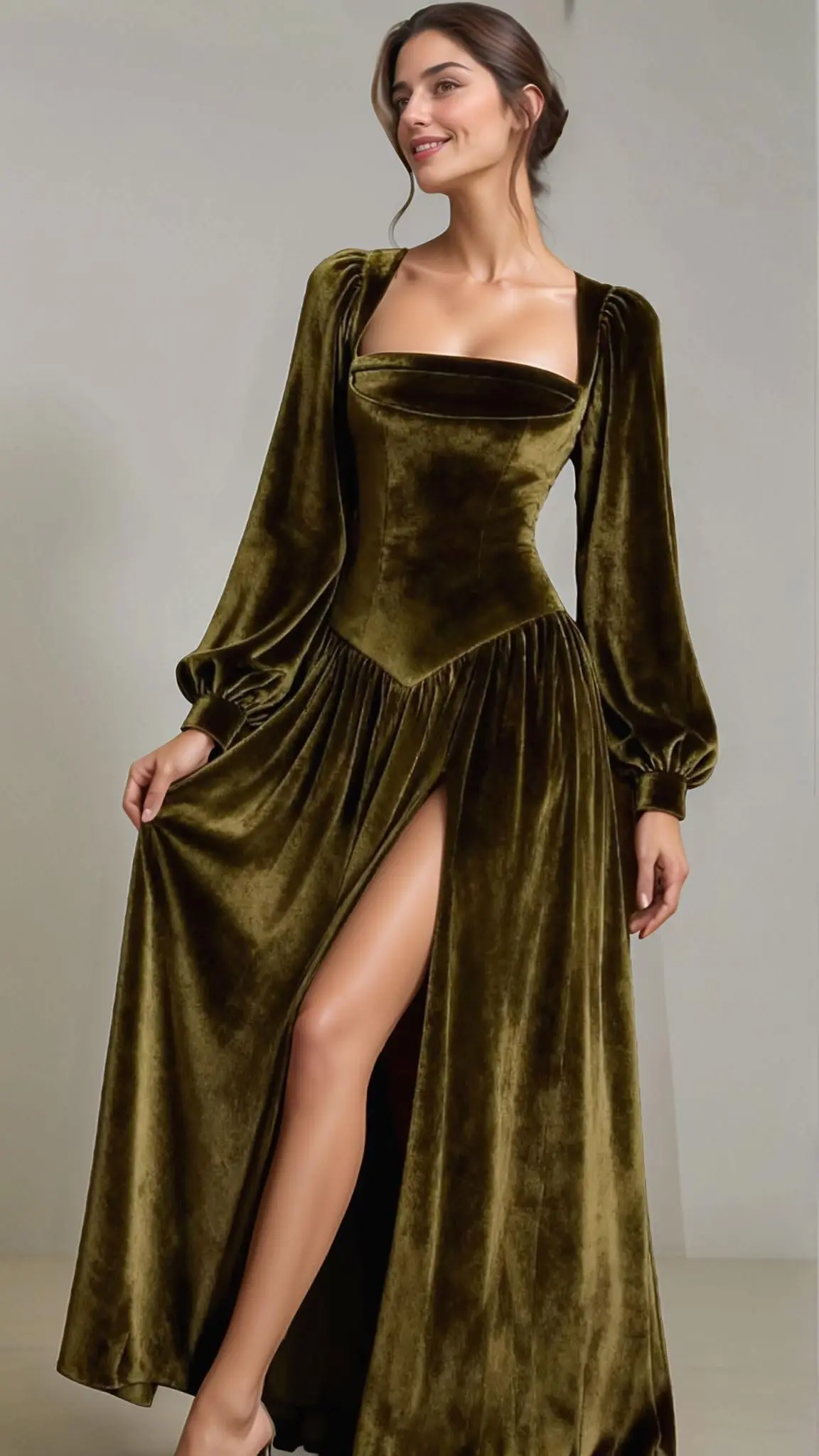 

Long Sleeve Ruched Bridesmaid Dresses for Women Saqure Neck Velvet Wedding Guest Gowns with Slit