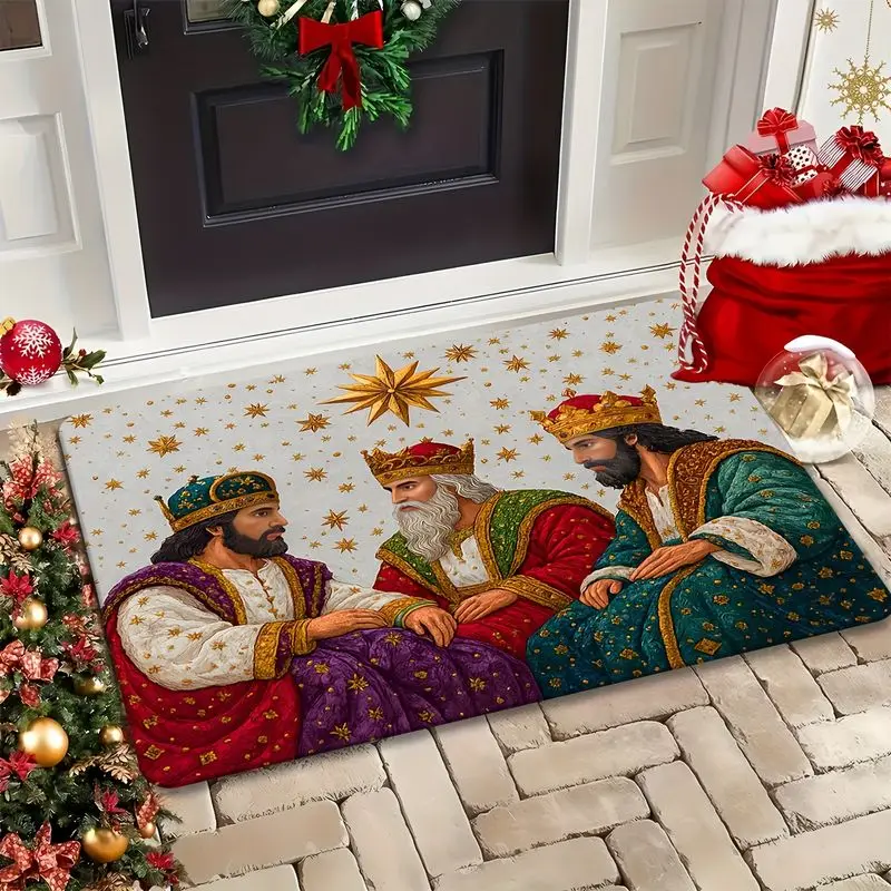 VIKAMA Three Wise Men Doormat, Kings with Crowns Gold Stars Christmas Door Mat, Merry Christmas Front Door Welcome Mat