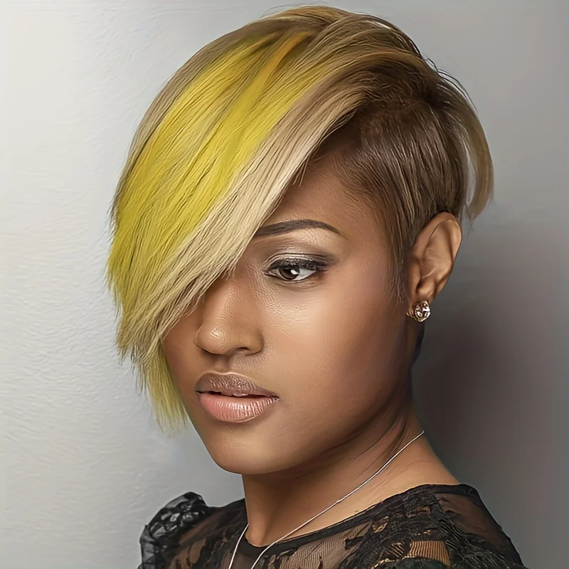 Cabelo sintético castanho misto com franja, perucas curtas Pixie cut para mulheres negras, penteado