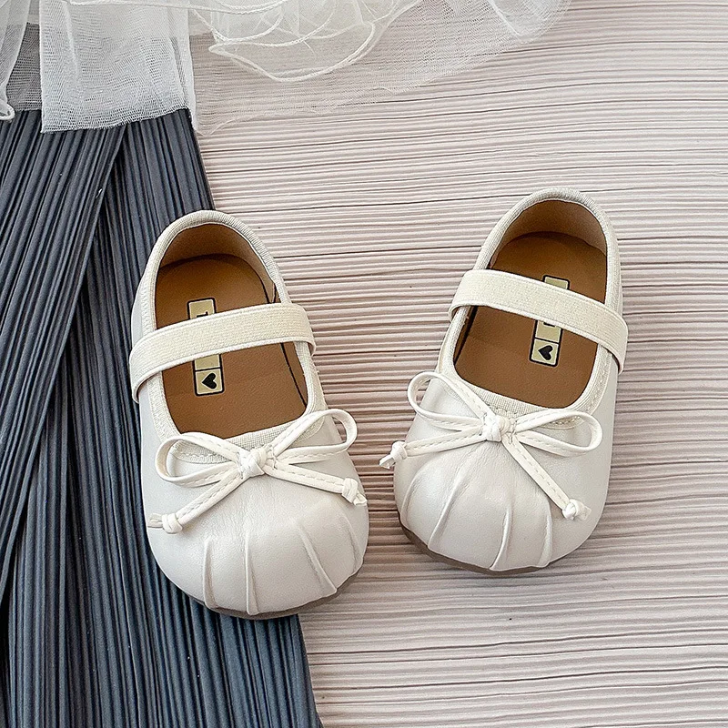 

Girls Leather Shoes with Simple Bows Kids Flat Shoes Korean Style Soild Color 2025 Autumn New Children Leather Shoes Slip-on