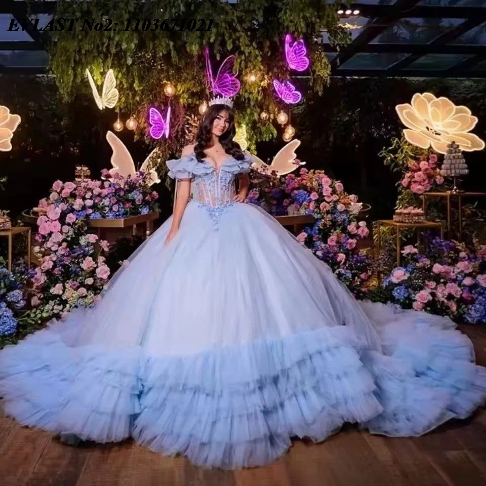 

EVLAST индивидуальное винтажное синее платье Quinceanera с открытыми плечами, кружевная аппликация, многоуровневое милое платье с бисером 16, Vestidos De 15 Anos E2QA93