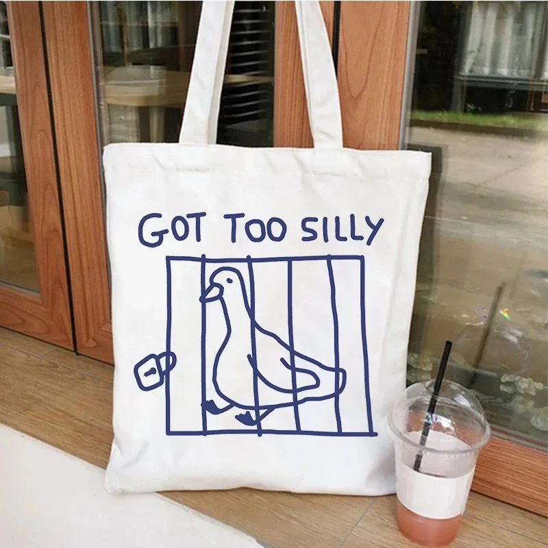 سخيفة أوزة على فضفاض ريترو قماش حمل حقيبة الرجال قابلة لإعادة الاستخدام المتسوق حقيبة Harajuku موضة المرأة أوزة حقيبة كتف حقائب اليد