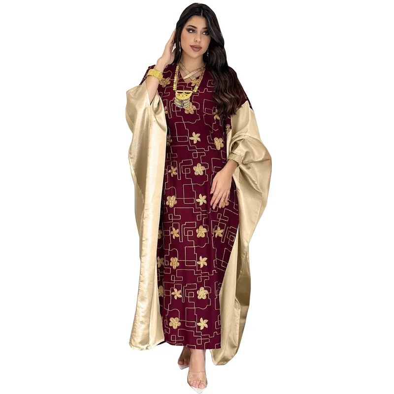 

Arab Dubai Muslim Woman Embroidery Dress Color Matching Fashion Jalabiya Abaya Long Sleeve Loose Middle East Robe