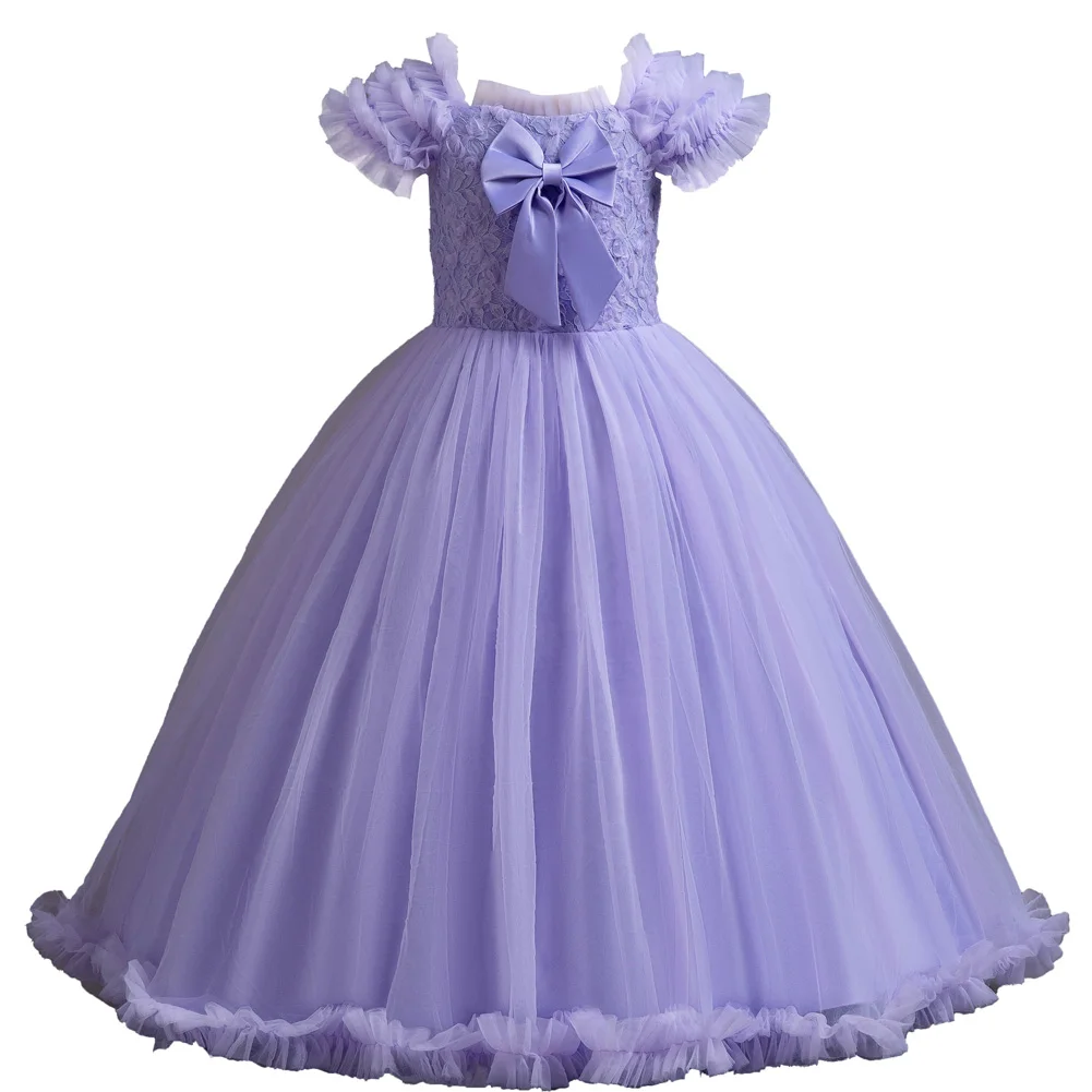 

W8060 Purple Flower Girl Long Wedding Bridesmaid Dress Bow Short Sleeve Child Evening Dress
