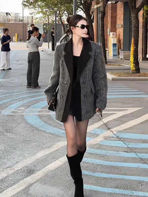 

Winter New Arrival Thiened Woolen Suit Jaet Medium Length ey Women's Coat Sli Commuter Korean Sle Long Sve