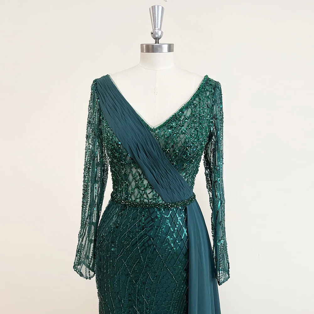 Robe de soirée de forme sirène pour femmes, élégante, à manches longues, col en V, en mousseline de soie perlée, de bal, de mariage, de dubaï, 2022