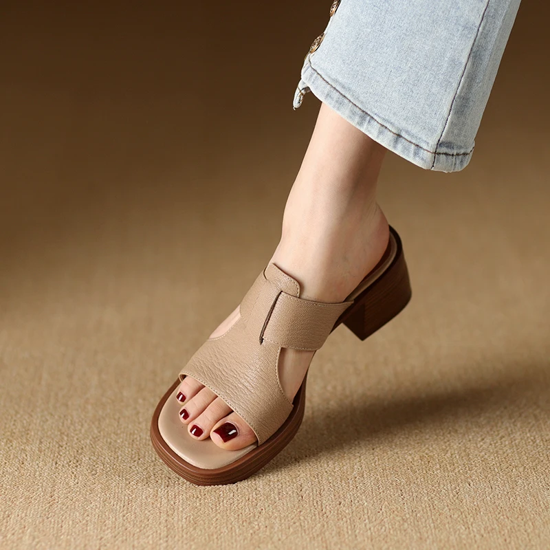 2024 Nowe sandały damskie Moda Peep Toe Genuine Leather High Heels Slippers Spring Summer Party Office Lady Shoes Woman Sandals