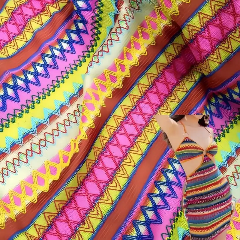 

New Polyester Spandex Elastic Textured Lace Hook Crochet Fabric Rainbow Stripe Ethnic Dress Clothing Handmade DIY accessories