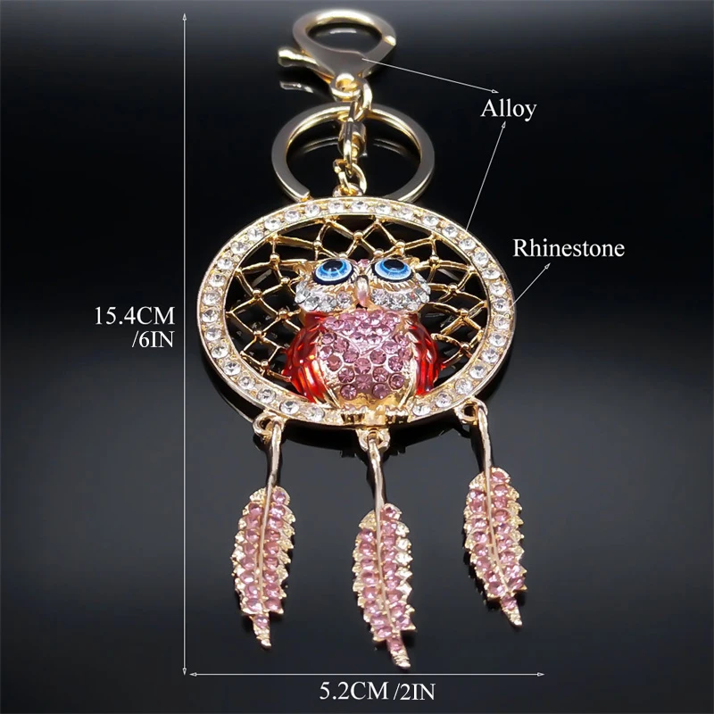Shinny Crystal Owl Dreamcatcher Feather Keychain for Women Alloy Rhinestone Dream Catcher Animal Key Ring Bag Jewelry K9034S05
