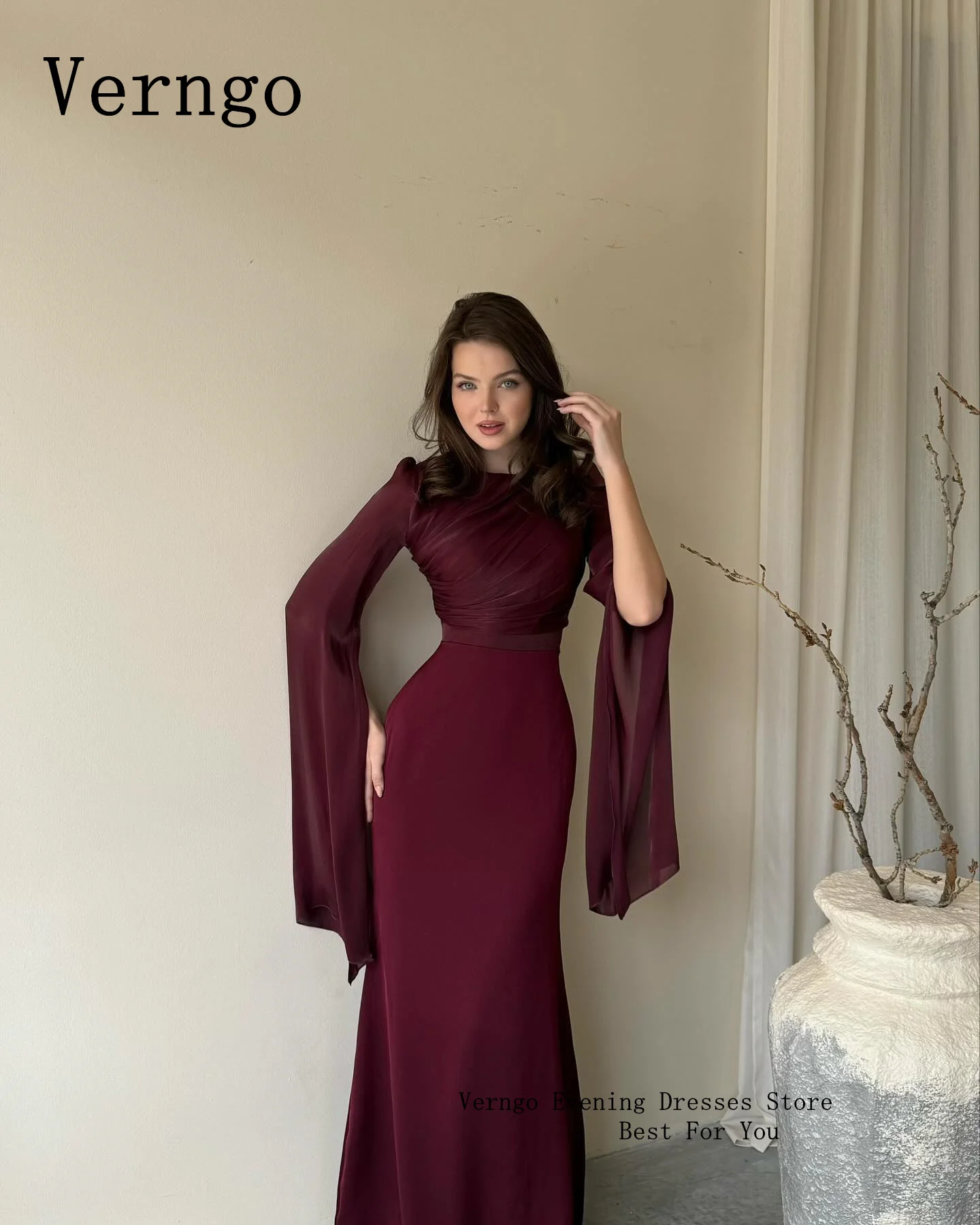 Verngo-Robe de Rhen mousseline de soie bordeaux pour femme, robe de soirée sirène, manches longues, occasion formelle, robe de soirée simple