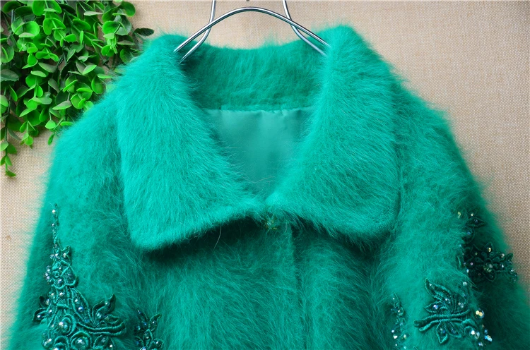 Ladies Women Autumn Winter Vintage Embroidery Beading Hairy Angora Rabbit Hair Knitted Long Batwing Sleeves Loose Cardigans Coat