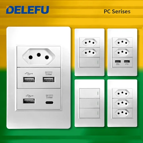 DELEFU Panel de PC blanco toma estándar de Brasil con doble USB tipo C toma de corriente de pared interruptor inteligente Tuya Wifi 10A 20A 118x72mm