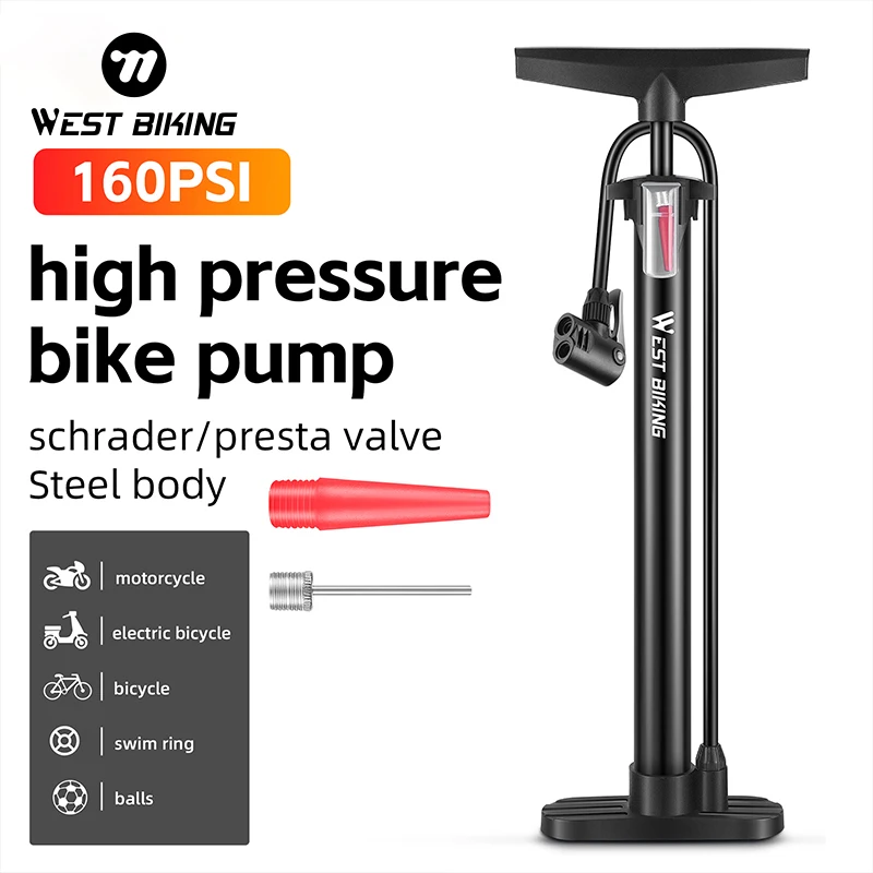 WEST BIKING Bicycle Pump 160psi High Pressure Bike Pump Schrader Presta Valve Manual Inflator Electric Motorcycle Tire Ball Pump