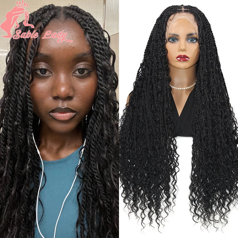 Knotless Synthetic Full Lace Box Braided Wig Bohemian Goddess Faux Locs Braids Wig for Women 32 Inch Senegalese Twist Braid Wigs