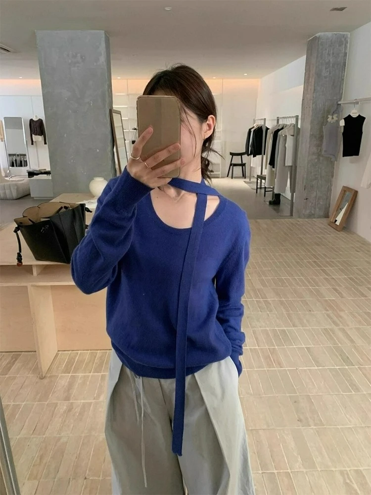 

Korean Chic Autumn New Niche Versatile Round Neck Hanging Neck Ribbon Versatile Slimming Knitwear Sweater for Women