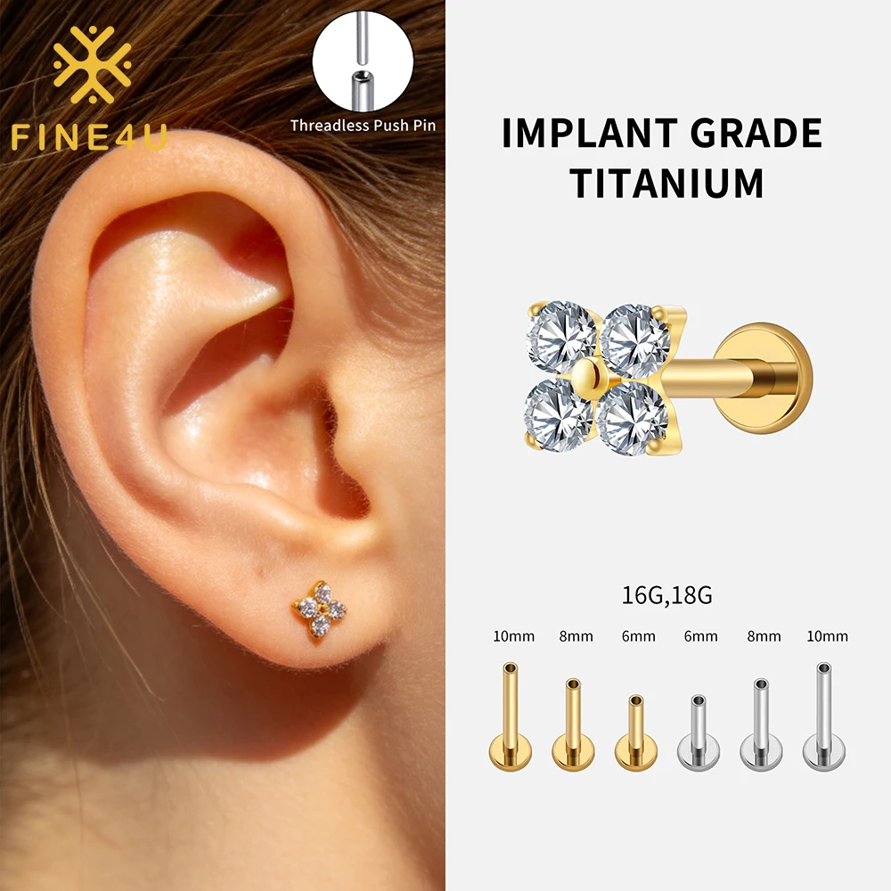 FINE4U Piercing de Titânio ASTM F136 – Modelo Flor com Zircônia (CZ) e Base Plana (Push-in) – Para Hélix, Tragus ou Lábio (Labret) – Calibres 16G/18G